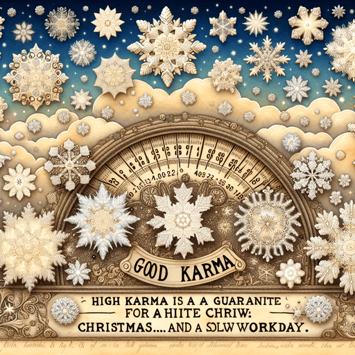 a pergament of many snowflakes in the sky. With a high good Karma Counter. There is the text "high karma is a guarantee for a white christmas... and a slowly workday"