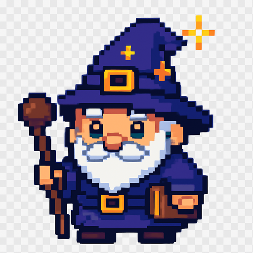 El mago debe ser un personaje pequeño y encantador, con una túnica azul oscuro o morada, un sombrero puntiagudo con estrellas o una hebilla dorada, barba blanca corta y ojos brillantes que transmitan sabiduría y simpatía; su cuerpo debe ser compacto y redondeado, estilo caricatura o pixel art, con detalles sencillos pero reconocibles como un bastón en la mano o un libro colgando; puede tener una animación sutil como parpadeo, movimiento de barba o chispa mágica en la punta del sombrero, y el fondo debe ser transparente para integrarse bien en un entorno colorido y fantástico.
In-Game asset.  2d.  High contrast.  No shadows