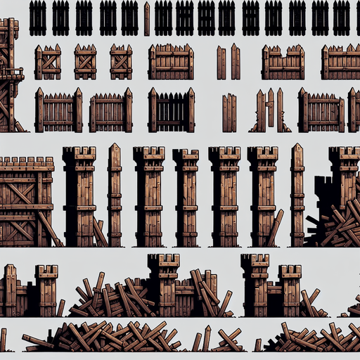 A spritesheet of tall wooden barricades and pallisades from medieval times, including some frames where these have been destroyed and broken into smaller parts..
Single Game Texture. In-Game asset. 2d. Blank background. High contrast. No shadows.