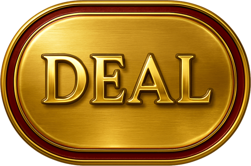 Crea un asset visual para el botón 'DEAL' (Repartir) para la mesa de Blackjack de lujo.

Objetivo: Un botón claro y elegante que inicie la ronda de Blackjack, coherente con la opulencia del casino.

Diseño:

Forma: Puede ser un óvalo o un rectángulo con bordes suaves, que sea prominente y fácil de pulsar.

Texto Central: La palabra 'DEAL' (o 'REPARTIR') en mayúsculas, con una tipografía audaz, limpia y elegante de casino.

Color: Base en un color dorado brillante o metálico, que simule oro pulido. Puede tener un borde o un acento en rojo rubí o verde esmeralda para complementar la paleta del casino.

Efectos (si Upit lo permite):

Sutil efecto de relieve o biselado para darle profundidad.

Un ligero brillo o resplandor que sugiera energía y anticipación.

Textura que simule metal pulido o un material lujoso.

Fondo: El asset debe ser independiente con fondo transparente, listo para ser superpuesto en la interfaz de la mesa de Blackjack..
In-Game asset.  2d.  High contrast.  No shadows