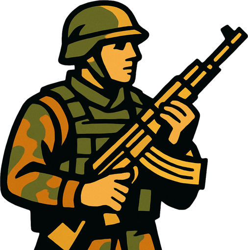 elinde silahı olan bir asker.
In-Game asset.  2d.  High contrast.  No shadows