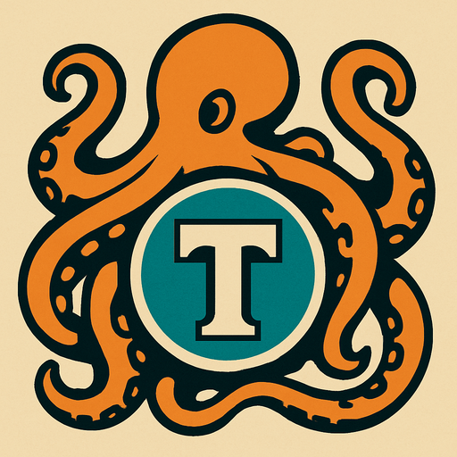 una letra t dentro de una esfera y un pulpo que la rodea.
In-Game asset.  2d.  High contrast.  No shadows