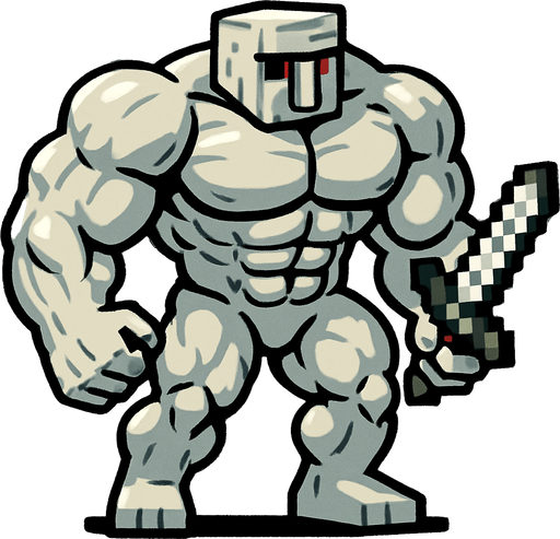 A super buff iron golem with super big muscles and that has a Minecraft iron sword in his hand..
In-Game asset.  2d.  High contrast.  No shadows