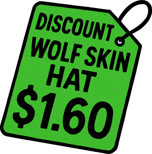 green price tag that says discount wolf skin hat $1.60.
In-Game asset.  2d.  High contrast.  No shadows
