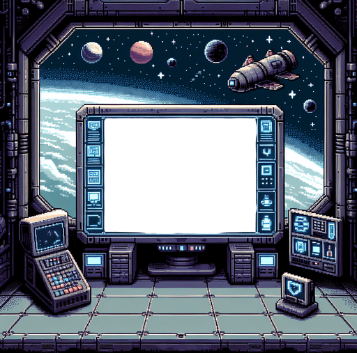 Pixelart. A background window for an in-game shop, with a space theme. The center part should be a large blank area with space for the items and labels for sale in the game shop. The blank space could have the form of a black computer screen inside a spaceship..
Single Game Texture. In-Game asset. 2d. Blank background. High contrast. No shadows.