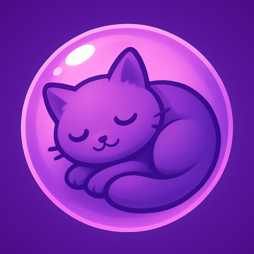 A purple bubble featuring a sleepy cat curled up inside, soft and dreamy, stylized for mobile game.
In-Game asset.  2d.  High contrast.  No shadows