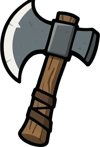 Has un hacha medieval que su lado afilado este de frente estilo cartoon.
In-Game asset.  2d.  High contrast.  No shadows