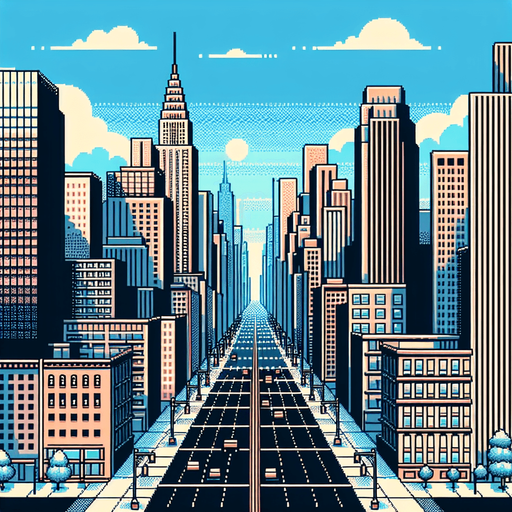 city with skyscrapers with a big street at the bottom.
in-Game background asset. 2d. High contrast. No shadows. 8bit.