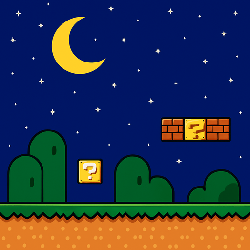 Mario background night.
In-Game asset.  2d.  High contrast.  No shadows