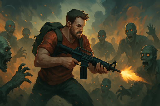 Fullscreen modern App Store landscape banner, 16:9, high definition, for a game titled "Zombie Survival Shooter" and with the description "Survive endless zombie waves in this action-packed shooter. Move, shoot, and stay alive as long as possible while zombies attack from all directions.". No text on banner!