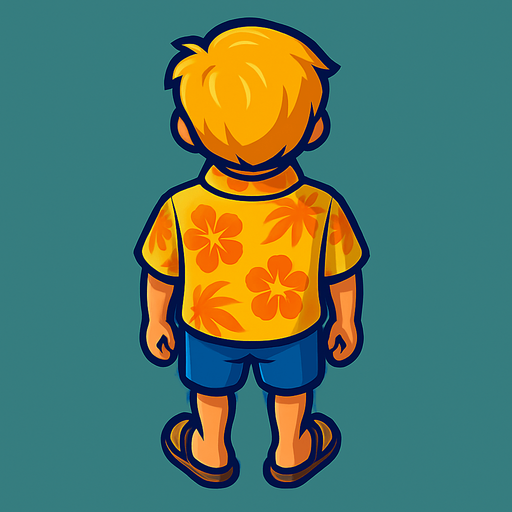 A young boy with a yellow Hawaiian style shirt and sandals. No hat. Blonde hair.