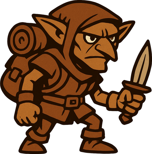 kahverengi gezgin eli bıçaklı goblin.
In-Game asset.  2d.  High contrast.  No shadows