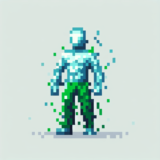 pixel bir su adam 2d yesil pantolon giyinmis.
Single Game Texture.  In-Game asset.  2d.  Blank background.  High contrast.  No shadows. 2d pixel