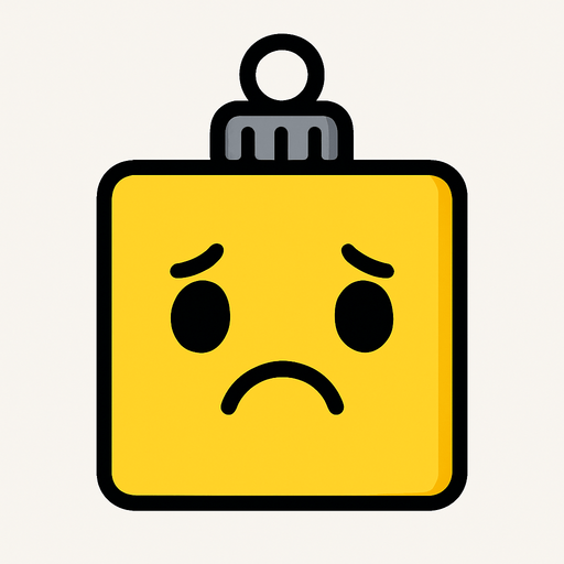 a sad Perfectly square yellow Christmas decoration. Cartoon style. Cute art style. Simple vector style..
In-Game asset.  2d.  High contrast. no sadows
