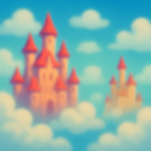 cielo con castillos y nubes de fondo, que se vea borroso.
In-Game asset.  2d.  High contrast.  No shadows