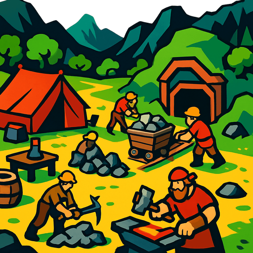 Demirci ve madencilerin olduğu uzaktan bakış bir kamp alanı oluştur..
In-Game asset.  2d.  High contrast.  No shadows