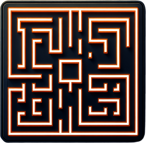 Playable maze with orange lines. at black background..
Single Game Texture. In-Game asset. 2d. Blank background. High contrast. No shadows.