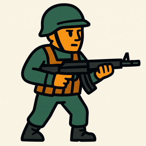 elinde silah olan 2 boyutlu asker.
In-Game asset.  2d.  High contrast.  No shadows