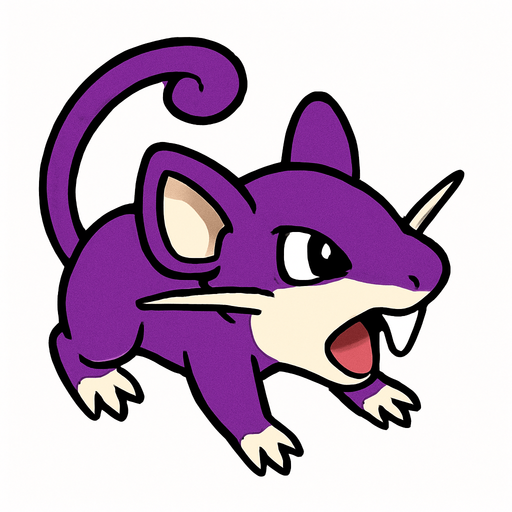 Rattata, visto desde arriba, viendo a la derecha.
In-Game asset.  2d.  High contrast.  No shadows