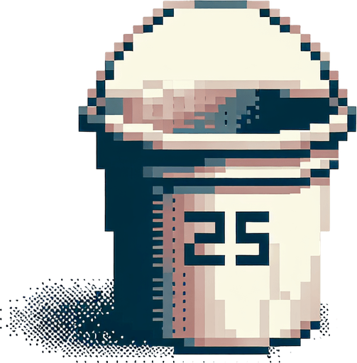 bucket with 25 text on it. front view. Single Game Texture. In-Game asset. 2d. Blank background. High contrast. No shadows. pixel. 8 bit