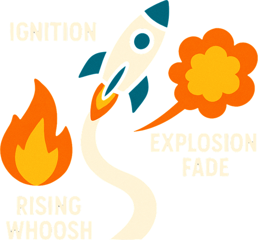 A powerful and dynamic rocket launch sound effect for a 2D arcade game. It should include ignition, rising whoosh, and a subtle explosion fade as it flies off-screen.".
In-Game asset.  2d.  High contrast.  No shadows