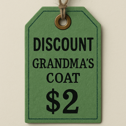 green price tag that says discount grandma's coat $2.