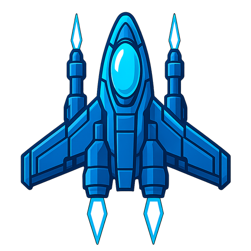 A player's spaceship in a topdown shooter (mainly blue in colour).
In-Game asset.  2d.  High contrast.  No shadows