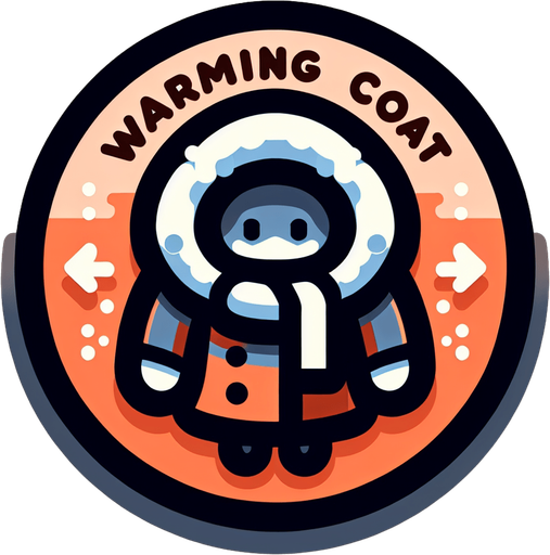 icon for santa with a thick warm coat, but his face is very cold, on a circle, with the text at top: "warming coat", cartoon Single Game Texture. In-Game asset. 2d. Blank background. High contrast. No shadows.