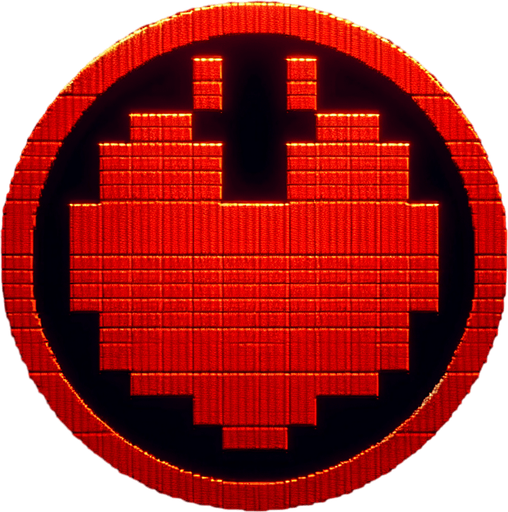 red pixel circle with black background and hearth on middle.
Single Game Texture. In-Game asset. 2d. Blank background. High contrast. No shadows.