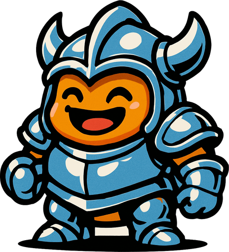 Monster with shiny armor and a helmet. Monster has a happy face.
In-Game asset.  2d.  High contrast.  No shadows