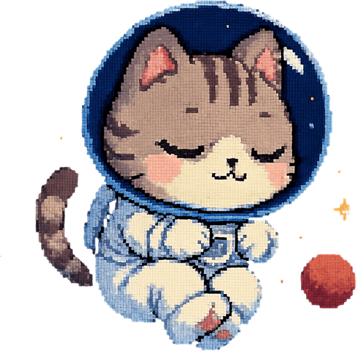 A cute kitten, illustrated in an adorable chibi anime style and wearing an astronaut suit, floats peacefully through outer space, sleeping in the most precious, curled-up position imaginable. Its tiny paws are tucked in close, and its expression is serene. The entire scene is rendered in a charming Pixel Art style.