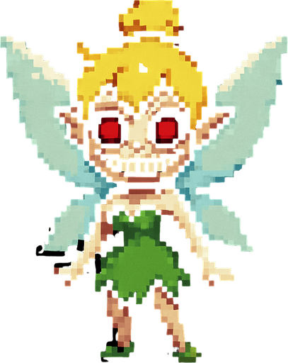 scary cute little fairy tinker bell 2d pixel art.
In-Game asset.  2d.  High contrast.  No shadows