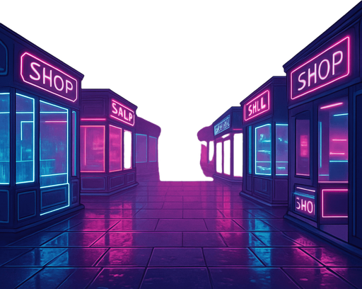 Produce a cyber-market plaza at dawn under diffuse magenta light. Glass kiosks line the area, each casting neon reflections on wet stone tiles. A floating banner above reads ‘Visit otter.trading’ in bold luminous text. Include subtle drifting circuit-patterned mist—coin- and character-free..
In-Game asset.  2d.  High contrast.  No shadows