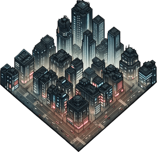 Cyberpunk city tile set. Top down view..
Single Game Texture.  2d.  Blank background.  High contrast.  No shadows