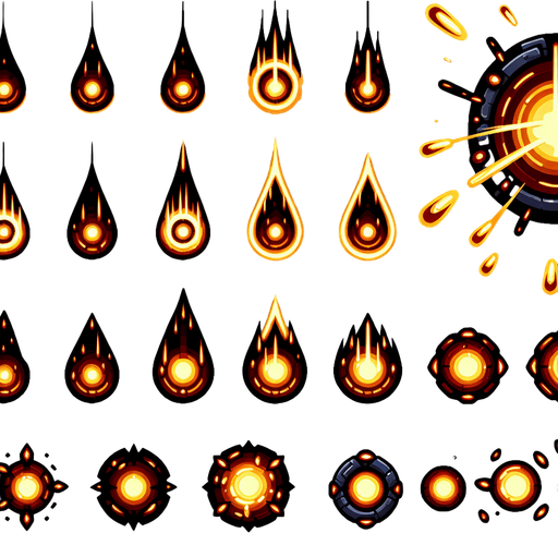 A sprite sheet of energy projectiles. Dark orange projectiles tear shaped with yellow energy core.
Single Game Texture. In-Game asset. 2d. Blank background. High contrast. No shadows.