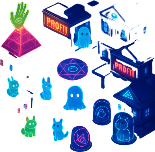 Top down isometric neon cyberpunk spooky ghost town street village town layout glowing holograms ghosts magic sigils kawaii animals