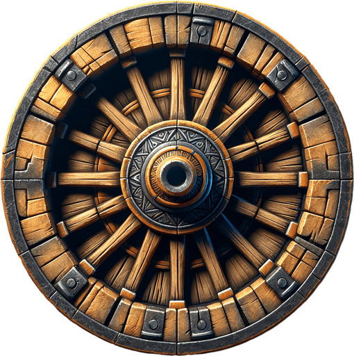 Una rueda de carretilla medieval.
Single Game Texture.  In-Game asset.  2d.  Blank background.  High contrast.  No shadows