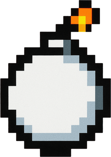 una bomba redonda, color blanco con bordes de color negro, es pixeleada de 16x16 (la imagen tiene fondo rojo).
In-Game asset.  2d.  High contrast.  No shadows