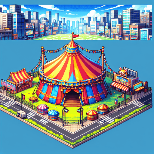 8 bit colorfull image about anime image of circus tent at city field.
Single Game Texture.  In-Game asset.  2d.  Blank background.  High contrast.  No shadows