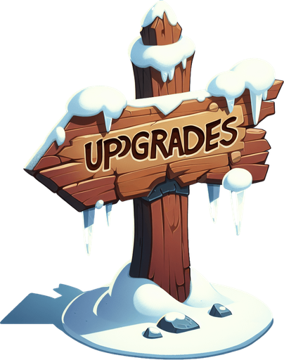 A wooden sign with text "UPGRADES" in a winter theme.
Single Game Texture. In-Game asset. 2d. Blank background. High contrast. No shadows.