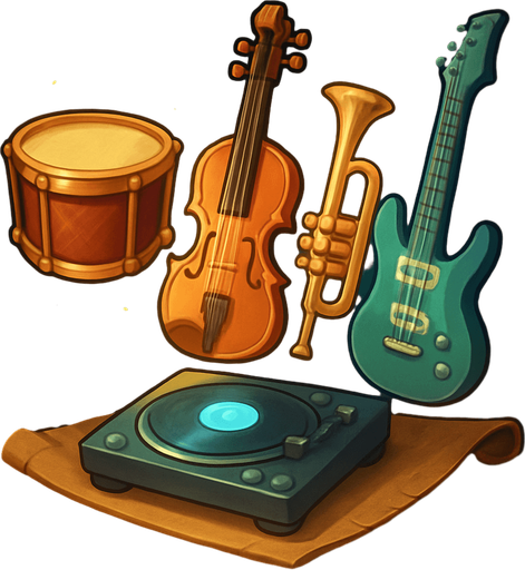 Design an icon for a button labeled "Towers" in a fantasy tower defense game set in a haunted concert hall. The icon should clearly represent access to a selection of instrument-based defense towers.

Use a stylized rack or display of musical instruments arranged like tower miniatures: a drum, violin, trumpet, electric guitar, and DJ deck. They should look magical and glowing slightly, as if floating or placed on a scroll or magical stand.

The icon should be square (256×256 px), clean and readable at small sizes.
Background should be subtle—wood, velvet, or magical mist—but not distracting.
The icon must not include text, only imagery.
Style: digital painted or semi-flat fantasy UI, fitting with a classical, magical orchestral theme..
In-Game asset.  2d.  High contrast.  No shadows
