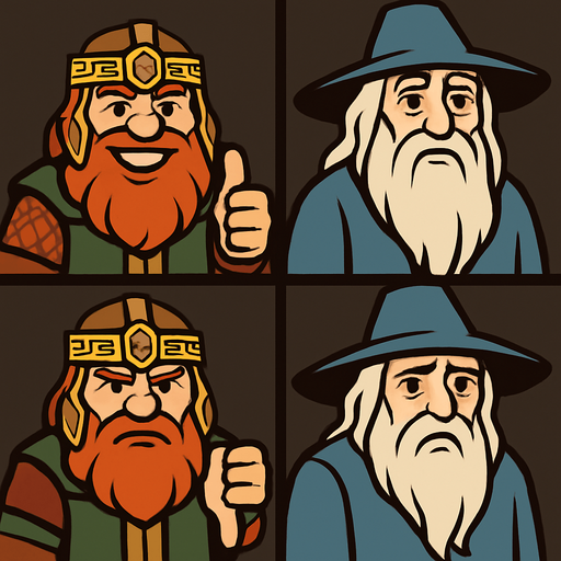 Divide the screen by 4. Every 4 frames, there is characters. Left side 2 frames, there is Gimli and Gandalf. They are smiling and one hand make thumb up. Right side 2 frames same Gimli and Gandalf here but they are sad and one hand make thumb down. In-Game asset. 2d. High contrast. No shadows.
In-Game asset.  2d.  High contrast.  No shadows