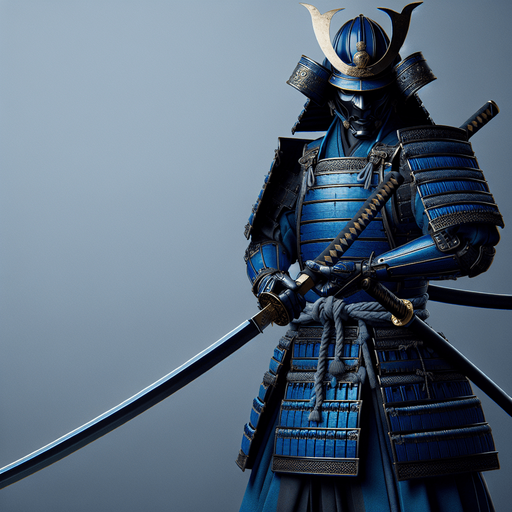 blue armored samurai with long katana.
Single Game Texture.  In-Game asset.  Blank background.  High contrast.  No shadows