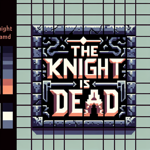 Pixealrt. Dungeon. Reads: The Knight is DEAD.
Single Game Texture. In-Game asset. 2d. Blank background. High contrast. No shadows.