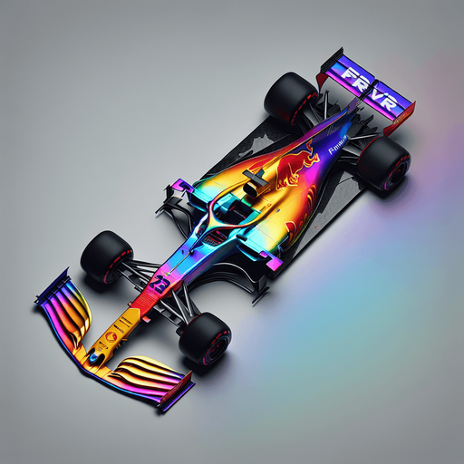 Full-length F1 concept race car IN TOP VIEW! 
Rainbow coloured Gradient paint on body. "FRVR" text..
Single Game Texture. In-Game asset. 2d. Blank background. High contrast. No shadows.