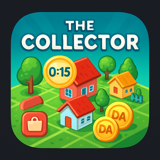 Modern App Store icon, square with rounded corners,  HD colors for a 2d game titled "The Collector" and with the description "about building houses and trees and decorations on a map to make it look like city, which then generate "DA" coins after a countdown timer expires. Players can collect these coins to increase their score, which they can then use to purchase more houses and trees and decorations from the shop button on the middle left side of the screen". with text on the middle top of the banner "the collector"!