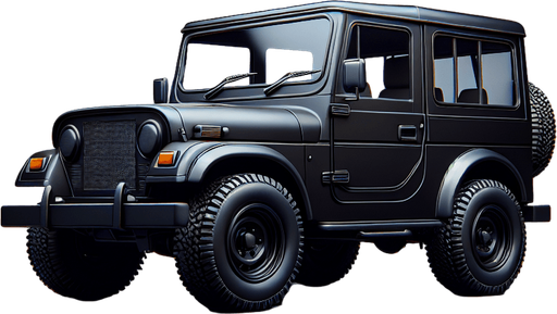 Mahindra thar 4×4 in black color and realistic.
Single Game Texture. In-Game asset. 2d. Blank background. High contrast. No shadows.