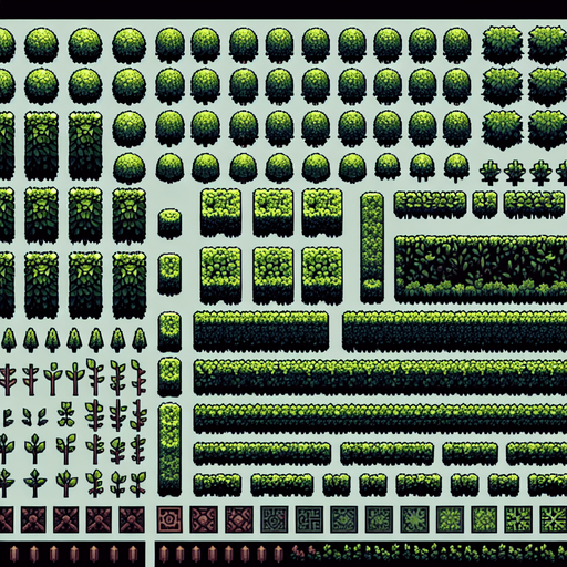 Create a sprite sheet showing the different components of the hedge.  The design should include views from above. Arrange the components on a dark background, neatly aligning each part in rows and columns for easy identification and use in game development..
Single Game Texture. In-Game asset. 2d. Blank background. High contrast. No shadows.