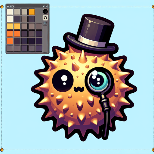 the face of a puffer fish with a top hat and monocle. facing straight forward. cartoon. color
Single Game Texture.  In-Game asset.  2d.  Blank background.  High contrast.  No shadows