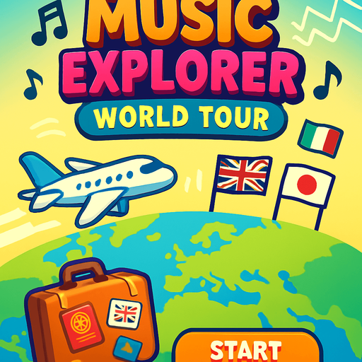 A vibrant, 2D digital illustration of a game title screen for a mobile game called "Music Explorer: World Tour". The background shows a colorful world map faded into the backdrop, with cartoon-style travel elements like a flying airplane, musical notes floating across the sky, sound waves, a suitcase with passport stickers, and flags of different countries . The top area is open and softly glowing for placing the title text. The bottom center has space for a large, fun "Start Journey" button. The style is clean, playful, and polished, perfect for kids and casual players..
In-Game asset.  2d.  High contrast.  No shadows